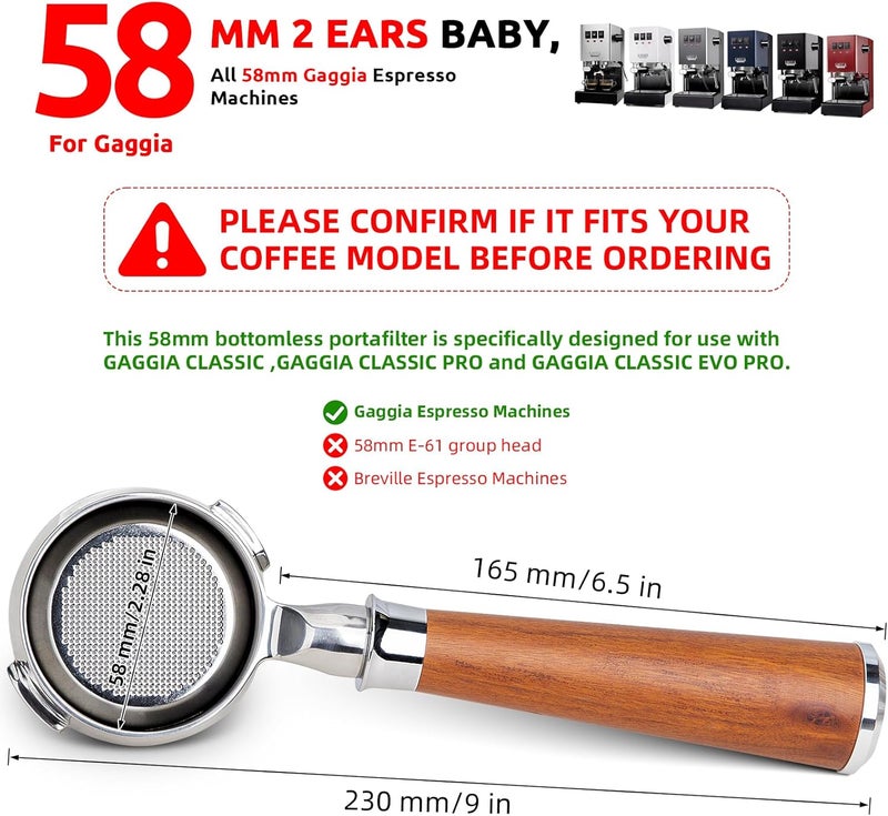 YMWVH 58mm Bottomless Portafilter, Professional Stainless Steel Portafilter 2 Ears for 58 Gaggia Machines- Not suitable with E61 groupheads,with Walnut Handle & Filter Basket - Image 3